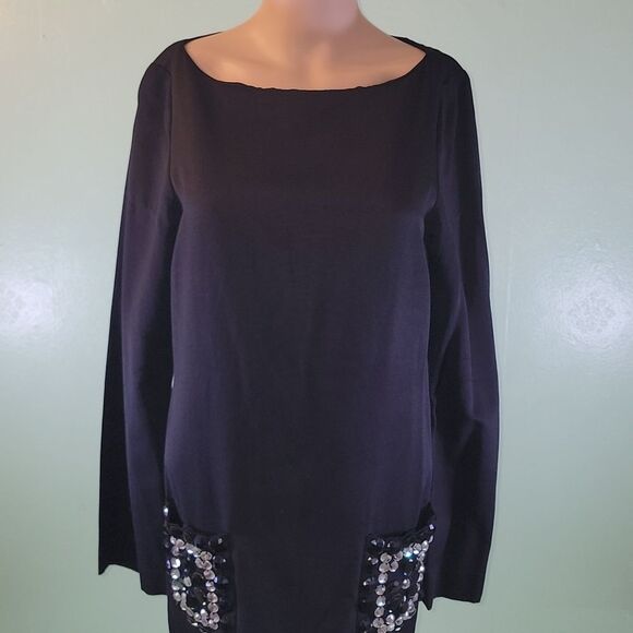 Tory Burch Womens Tunic Blouse Black Silk Embellished Beaded Long Sleeves Top 6 - Picture 1 of 6